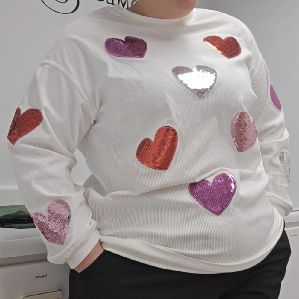 White Corded Long Sleeve with Sequin Heart Accents